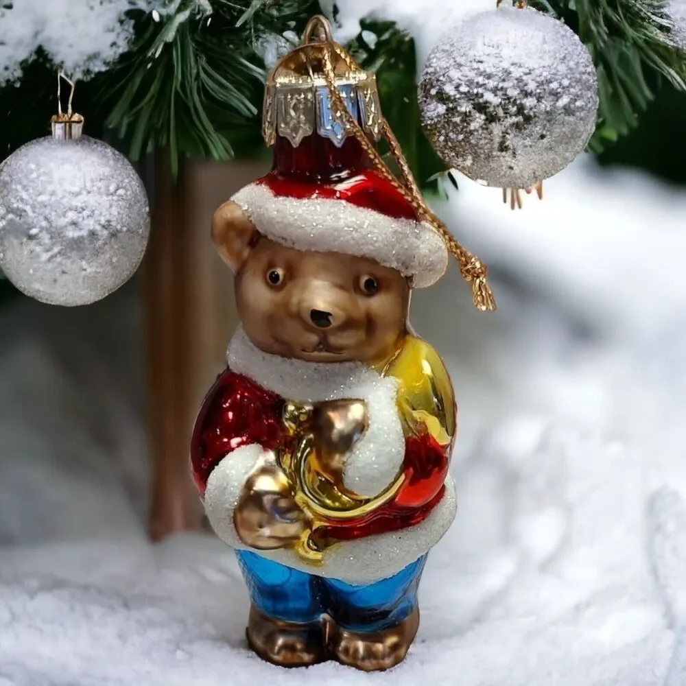 Santa Teddy Bear with Horn Ornament Hand Blown Glass Thomas Pacconi Classics '02